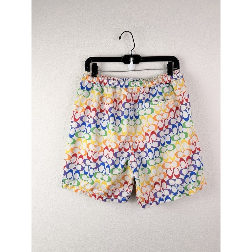 Coach Signature Swim Trunks Men M Multicolor Logo Print Drawstring Shorts Beach - Picture 4 of 8